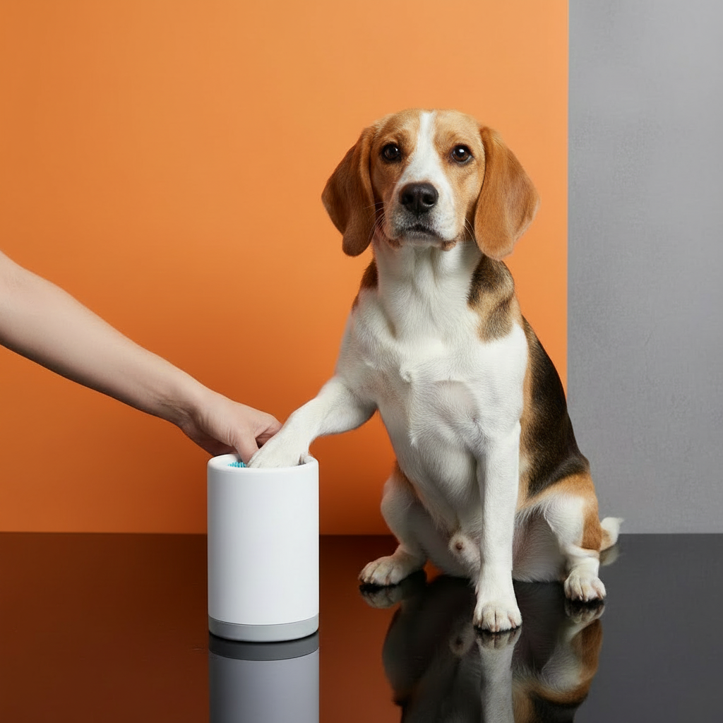 Beagle com paw cleaner - fundo laranja total
