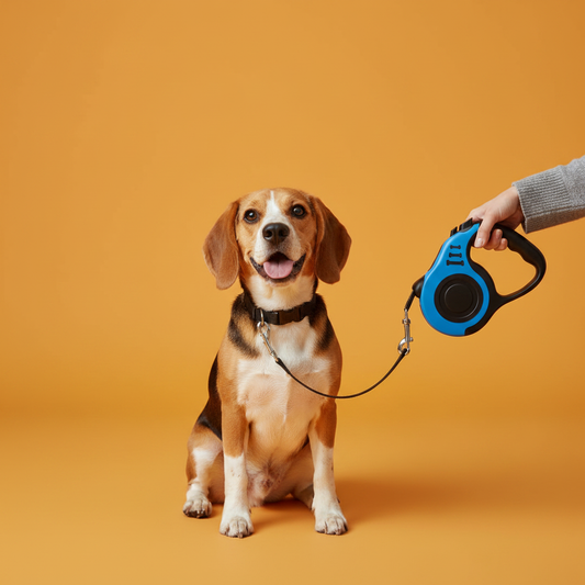 Beagle jovem com guia retrátil azul