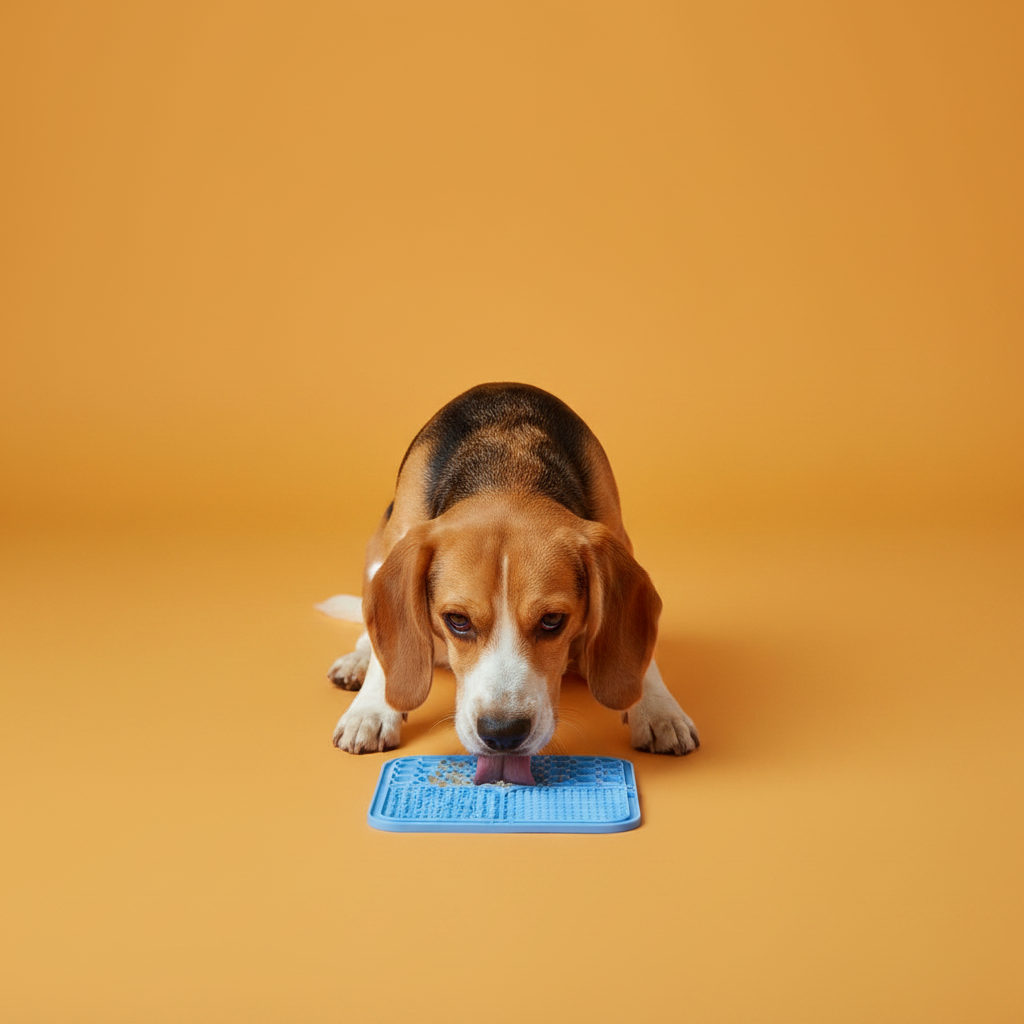 Beagle lambendo o Tapete - Fundo Laranja