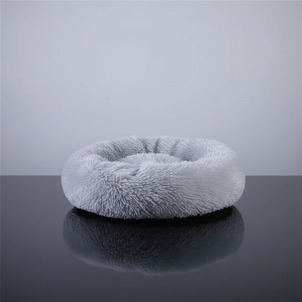 Cama redonda para pets em pelúcia cinza