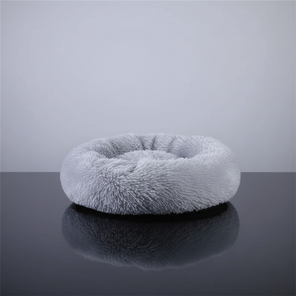 Cama redonda para pets em pelúcia cinza