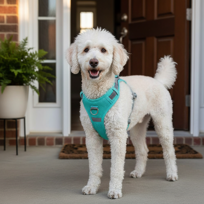Caniche com peitoral teal na entrada de casa