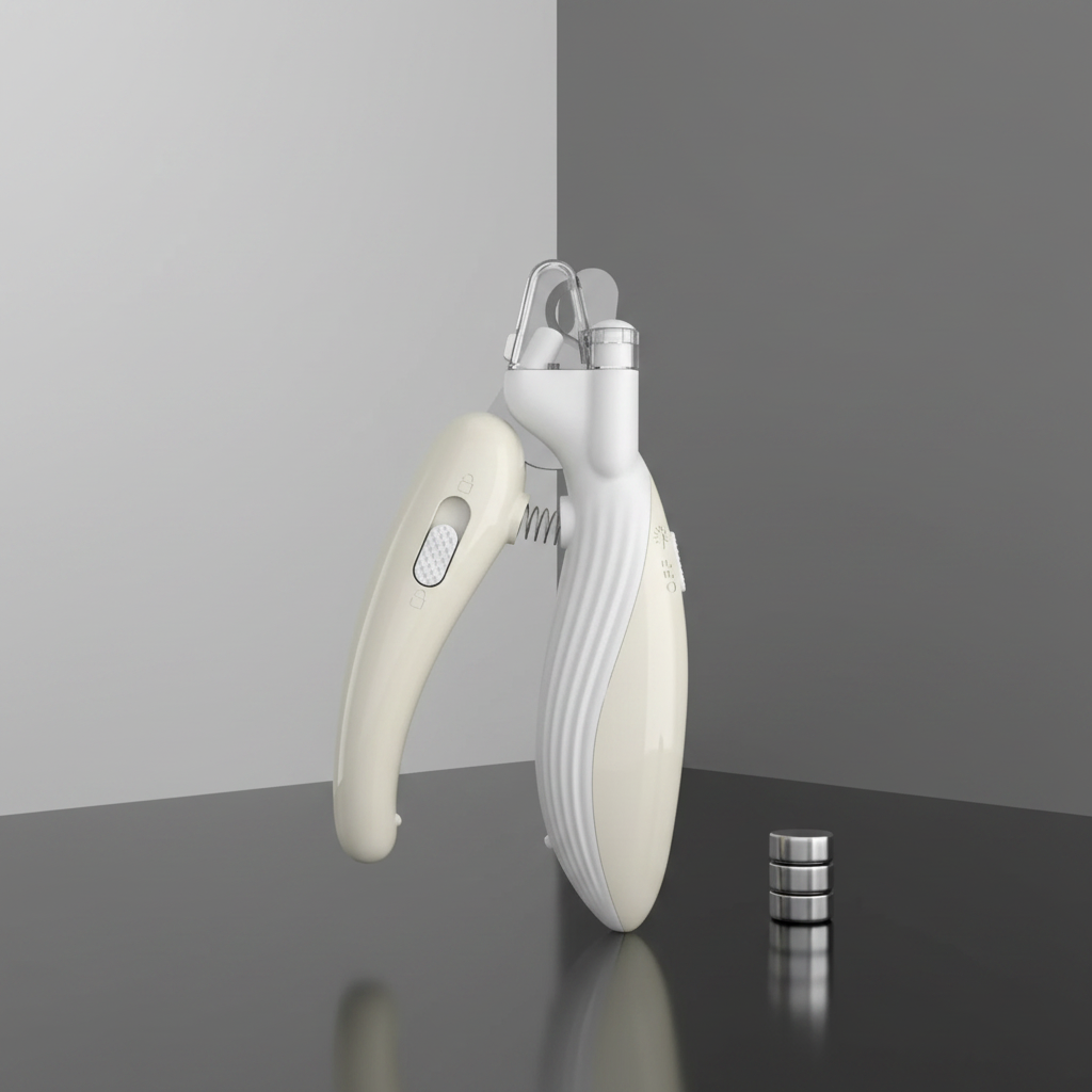 Cortador de unhas pet branco/bege sobre superfície refletora