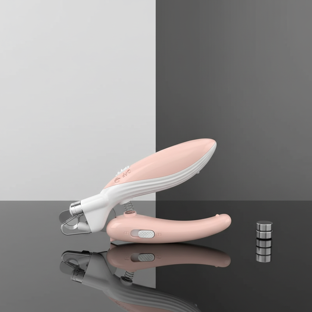 Cortador de unhas pet rosa sobre superfície refletora