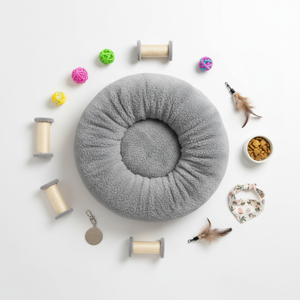 Flat lay cama donut cinza com acessórios pets