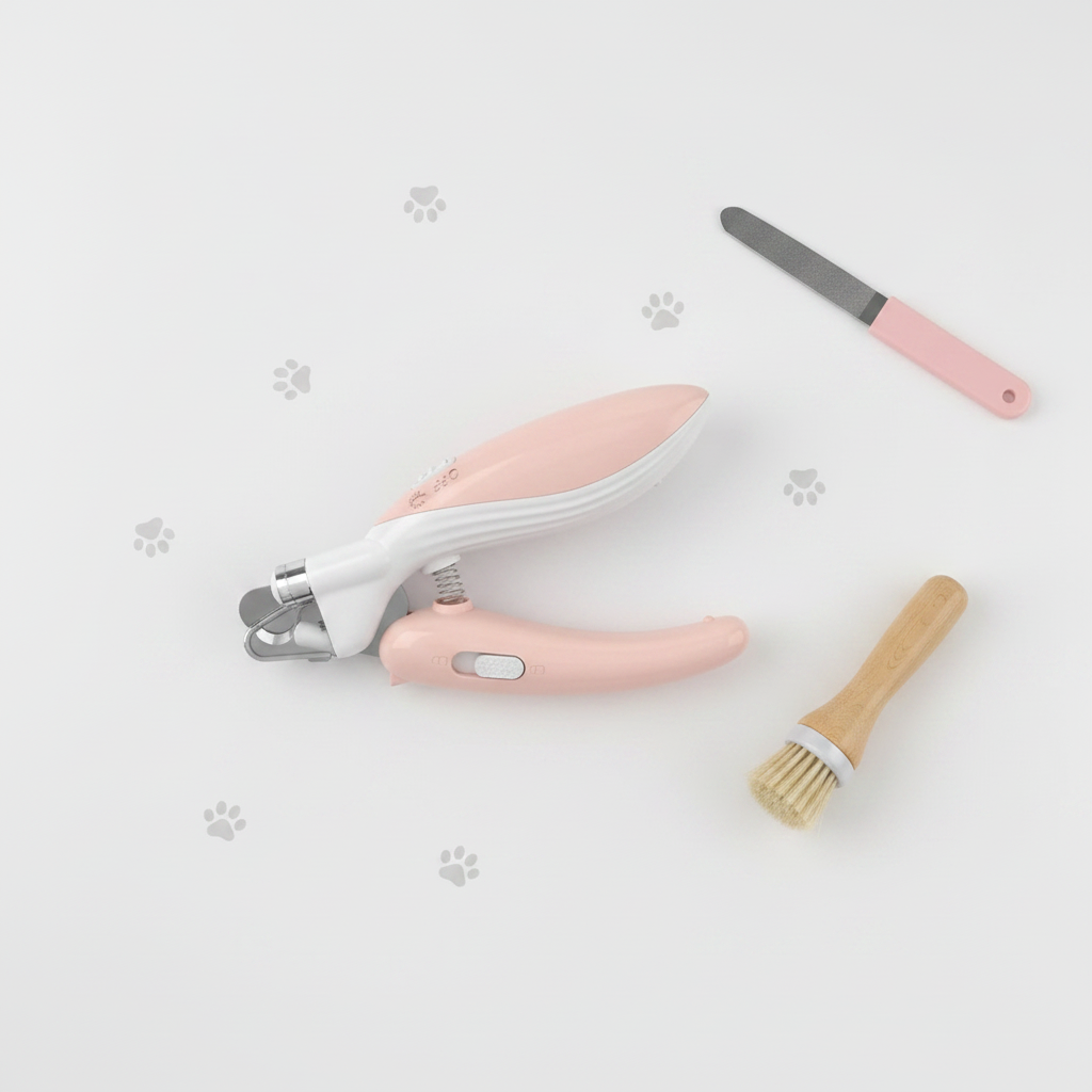 Flat lay cortador de unhas rosa com acessórios de grooming
