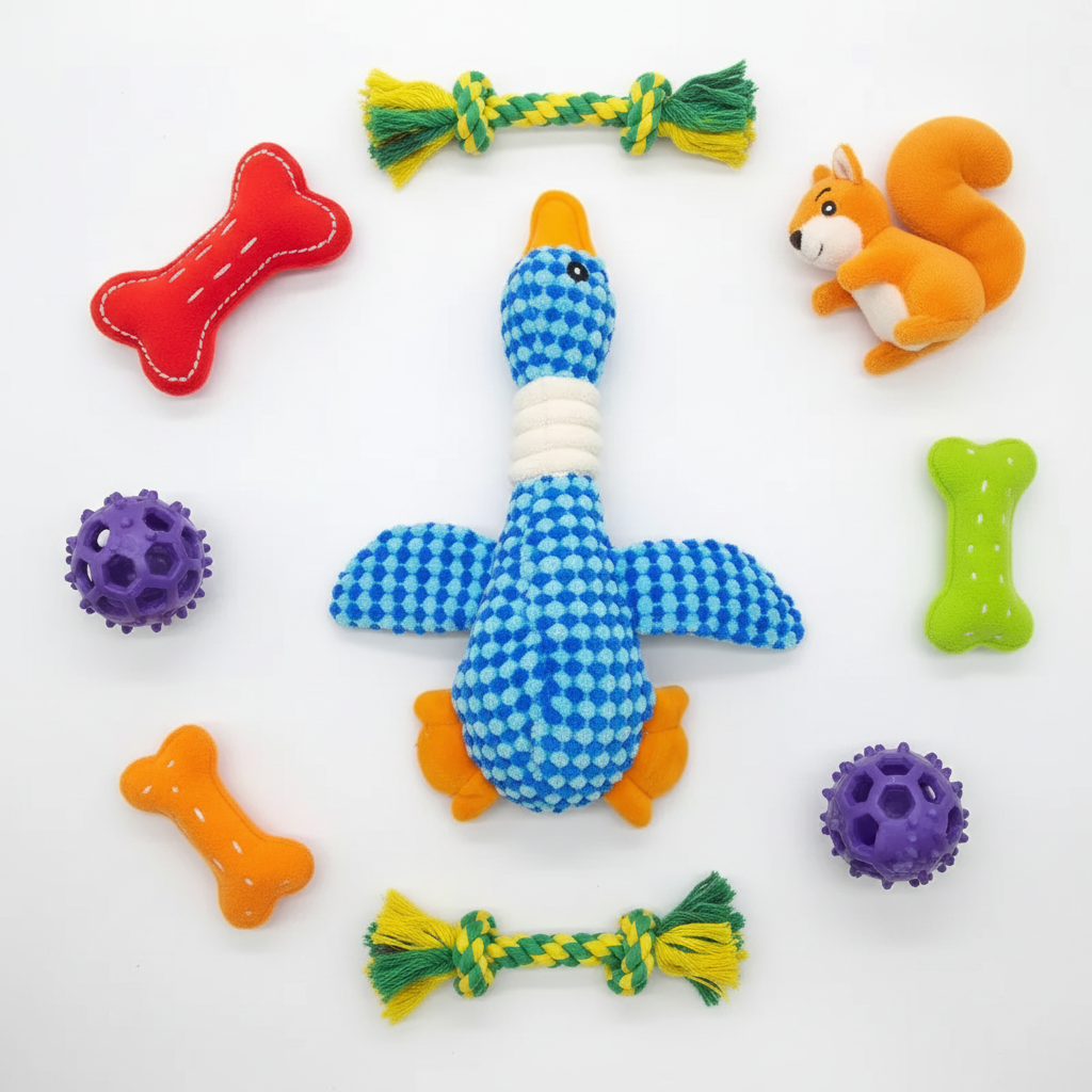 Flat lay pato de pelúcia azul com brinquedos coloridos