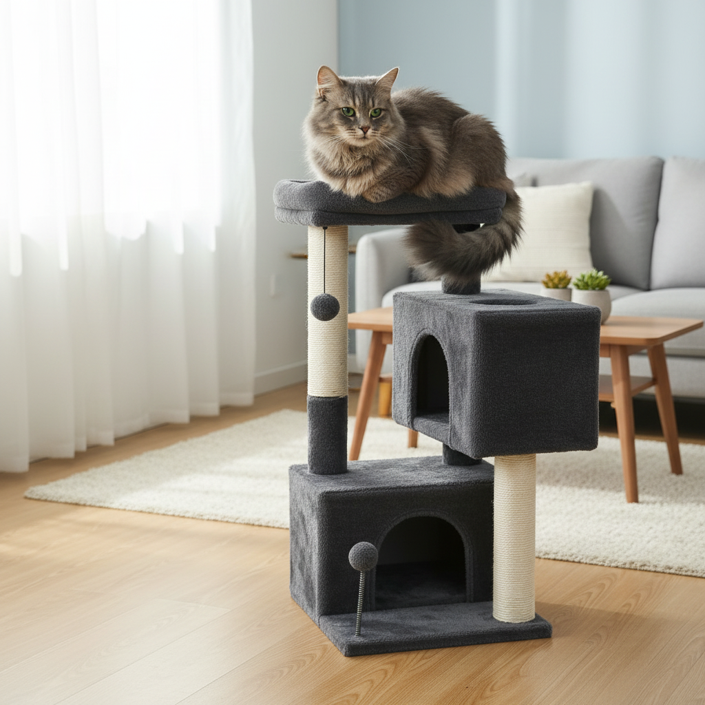 Gato cinza no arranhador torre 1:1