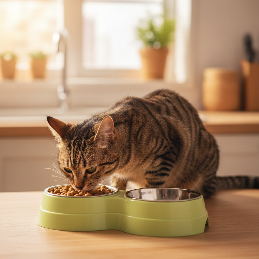 Gato comendo no comedouro duplo verde - lifestyle
