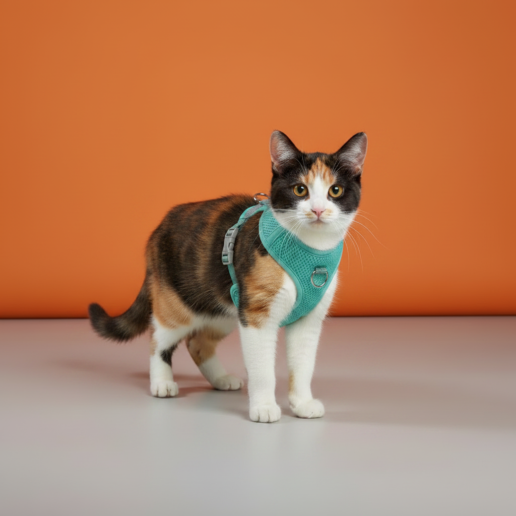 Gato jovem com peitoral teal
