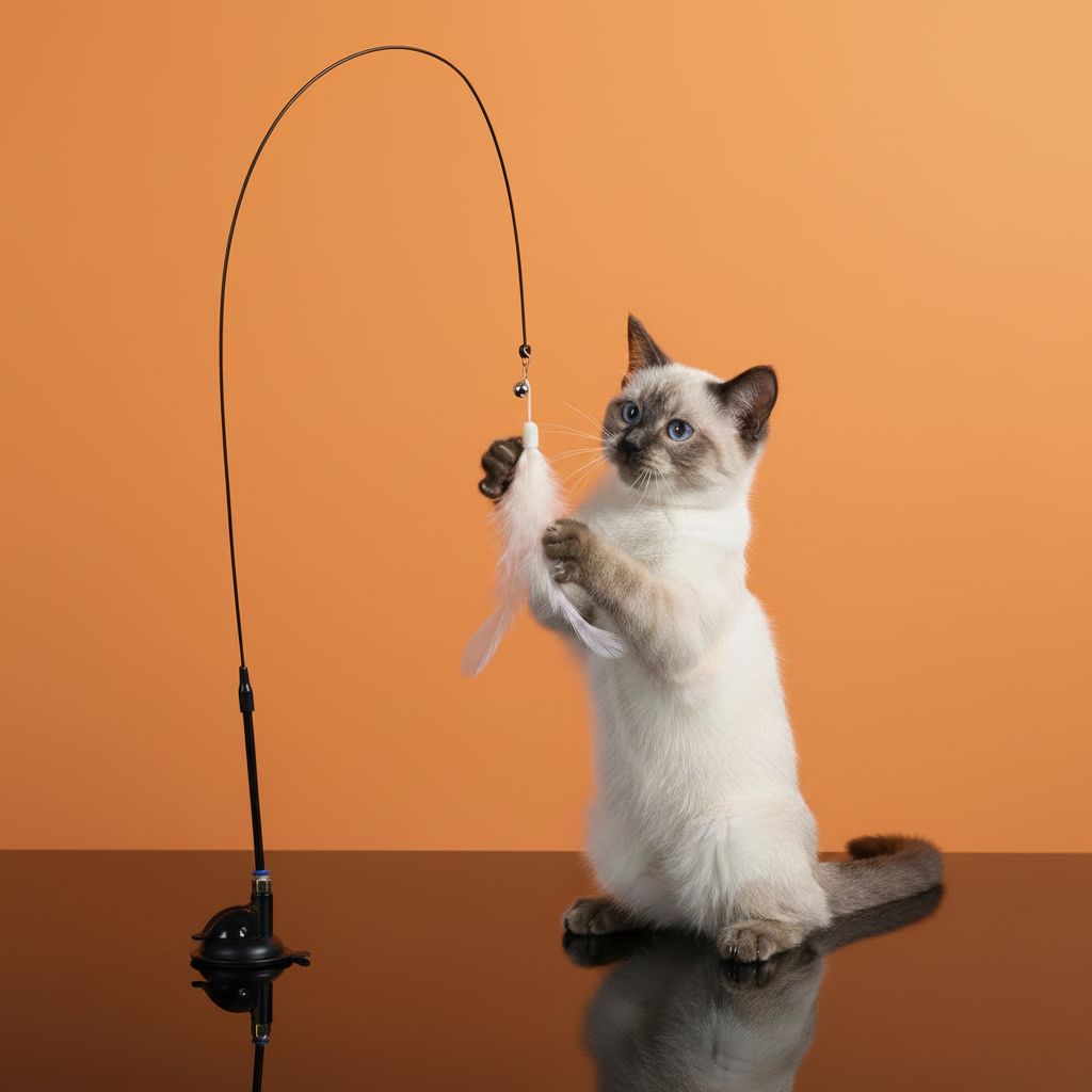 Gato siamês com vara interativa — fundo laranja