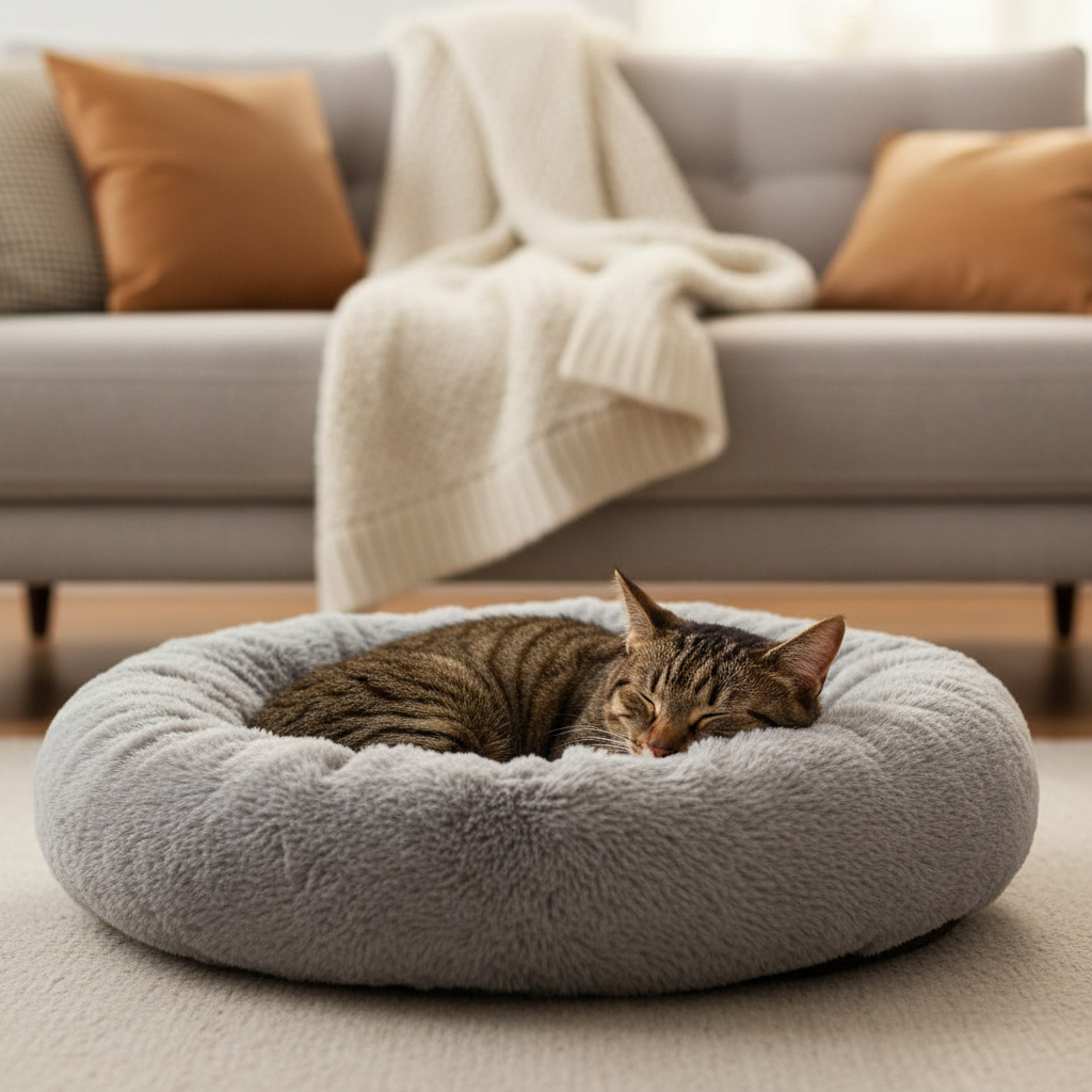 Gato tabby dormindo na cama donut cinza