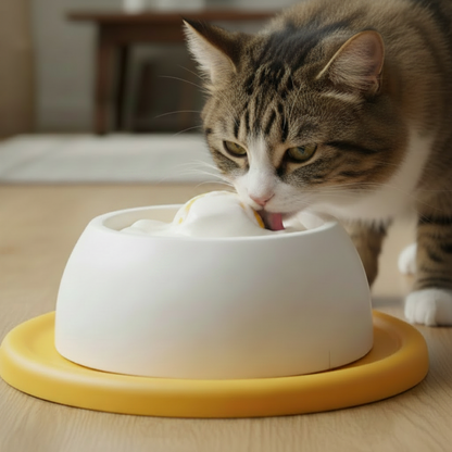 Gato tabby lambendo iogurte no comedouro
