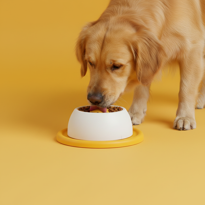 Golden retriever com comedouro lento fundo amarelo