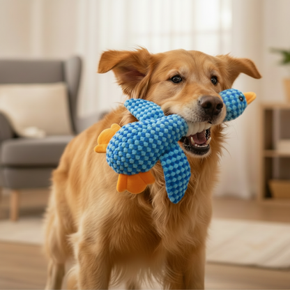 Golden retriever com pato de pelúcia azul — sem overlay