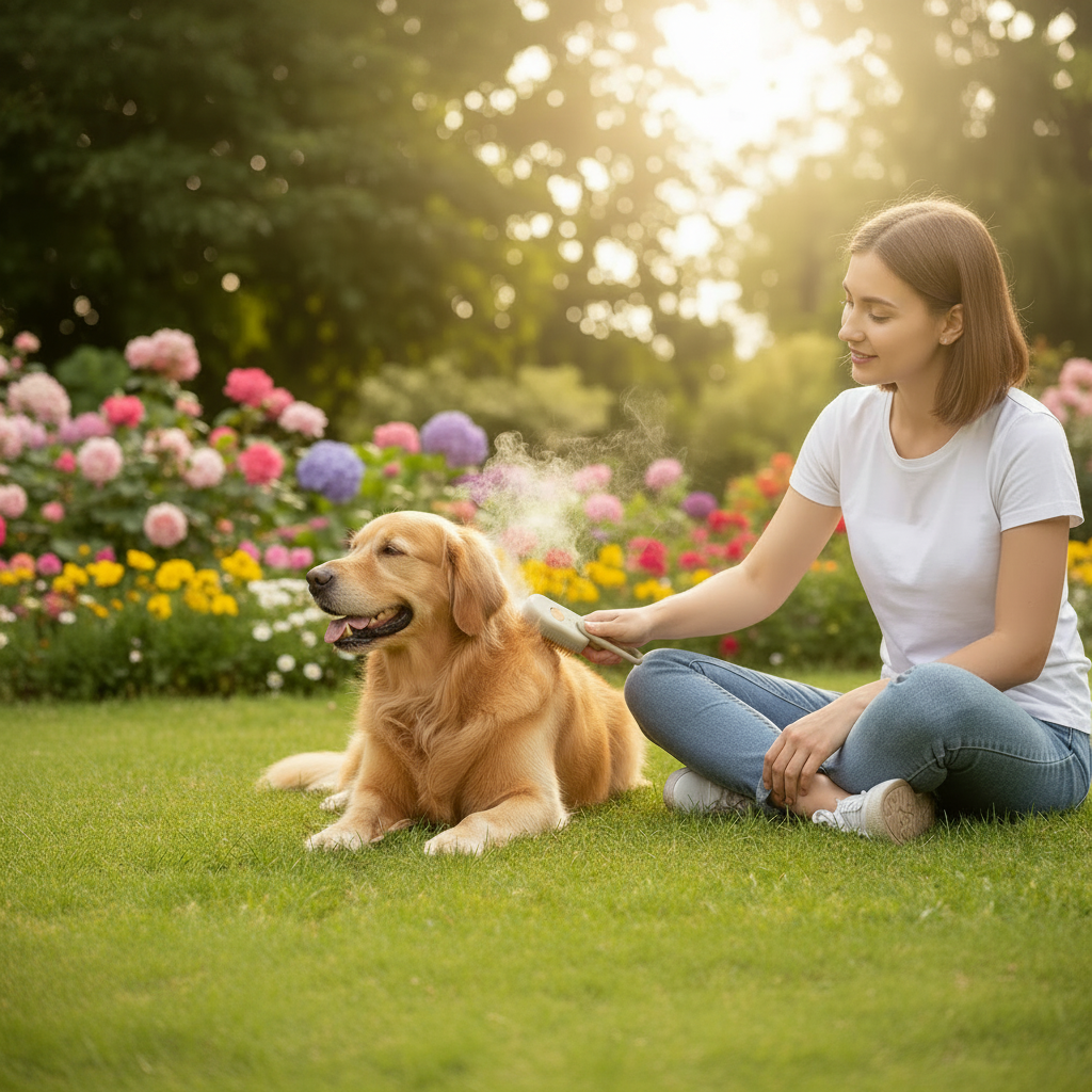 Lifestyle 1:1 — Mulher Escovando Golden Retriever