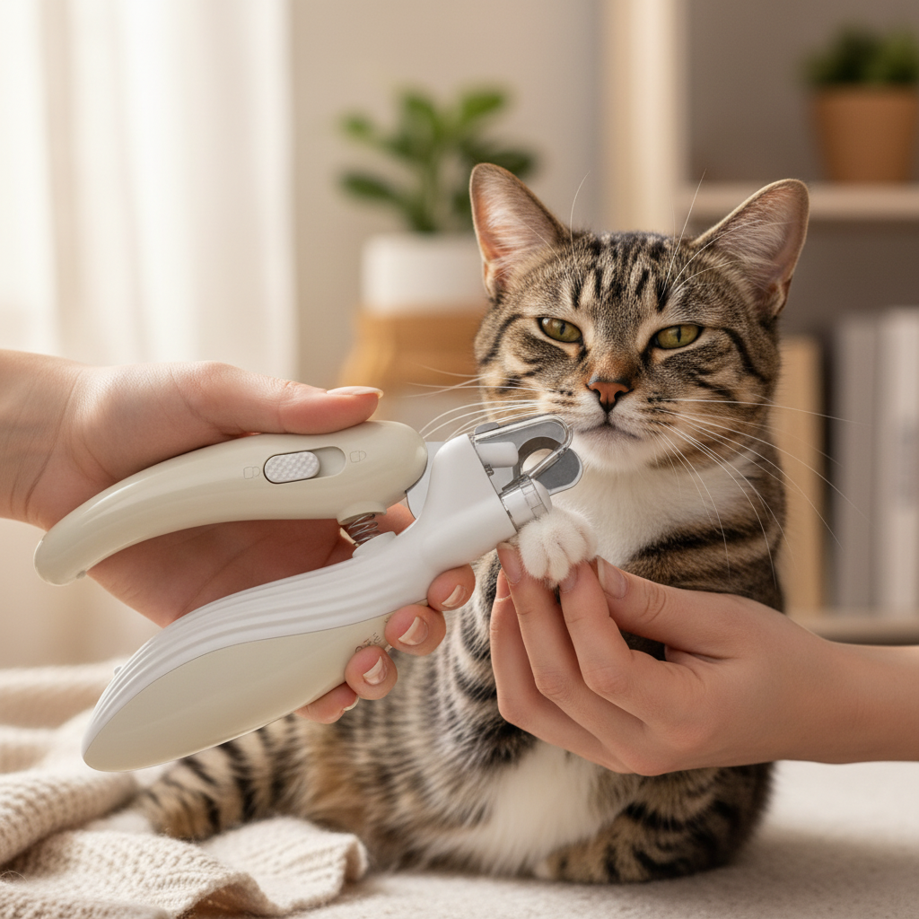 Lifestyle cortador bege cortando unha de gato tabby