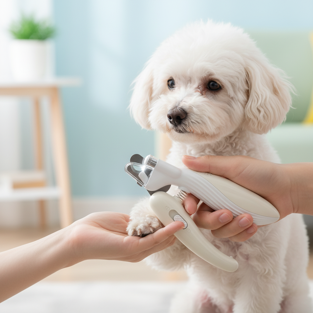 Lifestyle cortador bege cortando unha de poodle branco