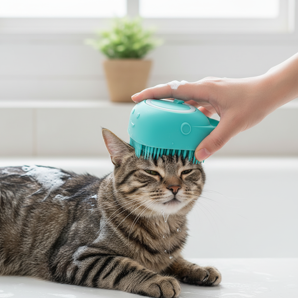 Lifestyle escova turquesa massageando gato tabby