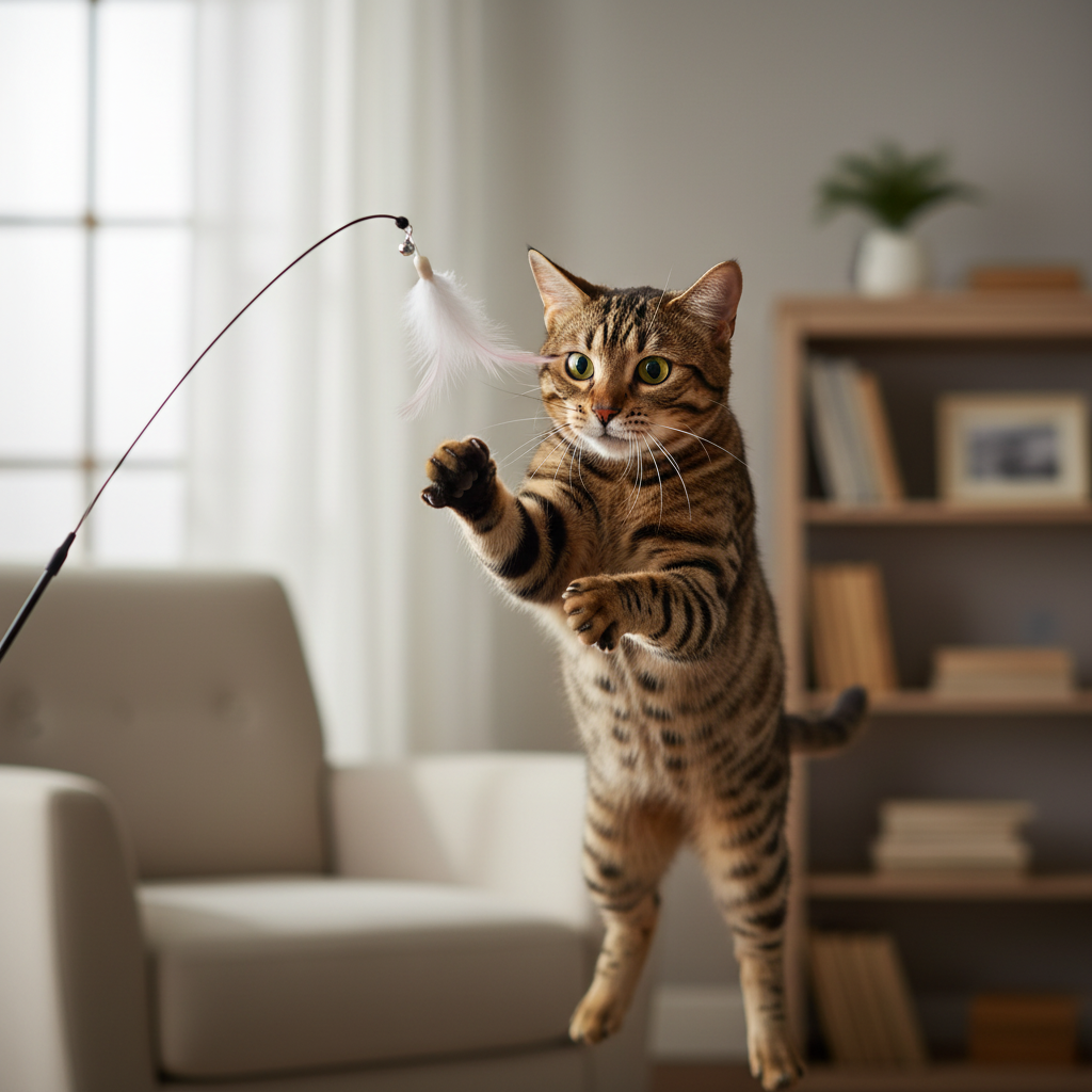 Lifestyle — gato tabby saltando com vara de pena