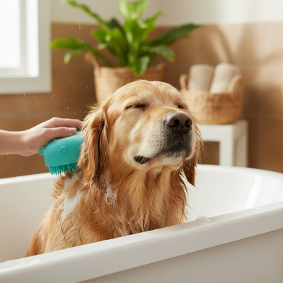 Escova de Banho Pet com Dispensador de Shampoo — Silicone Macio para Cães e Gatos