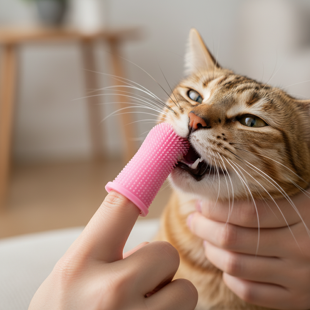 Lifestyle macro – escova rosa com gato tabby