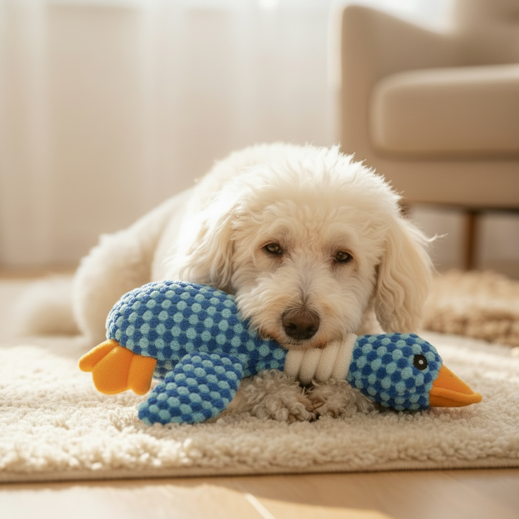 Poodle branco com pato de pelúcia azul — 1:1