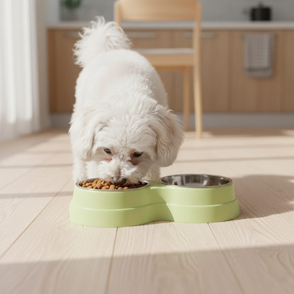Poodle branco comendo no comedouro duplo verde - lifestyle