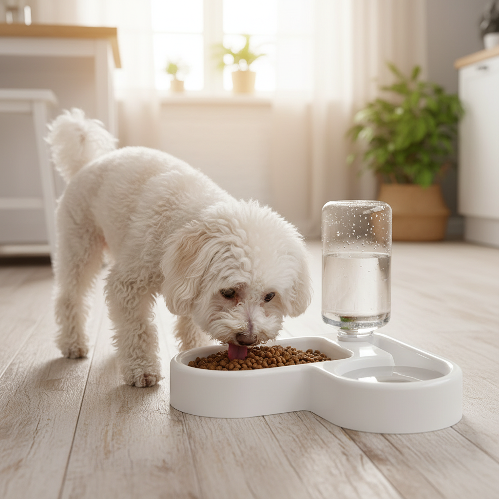 Poodle branco comendo no comedouro duplo