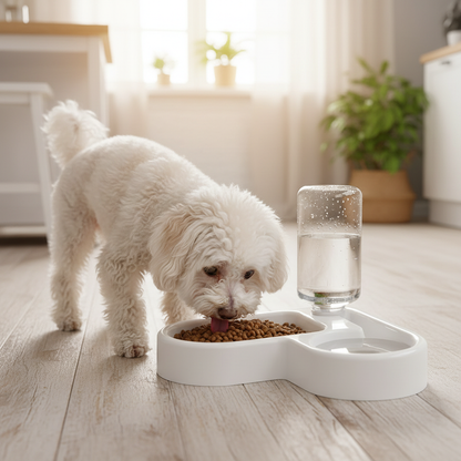 Poodle branco comendo no comedouro duplo