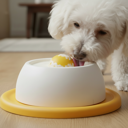 Poodle com bolinha amarela visível no comedouro