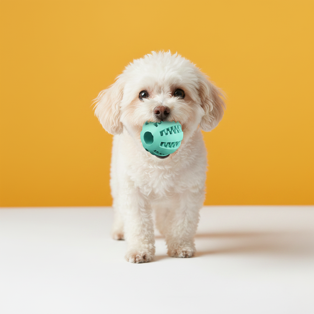 Studio – poodle branco com bola dental verde menta, fundo amarelo